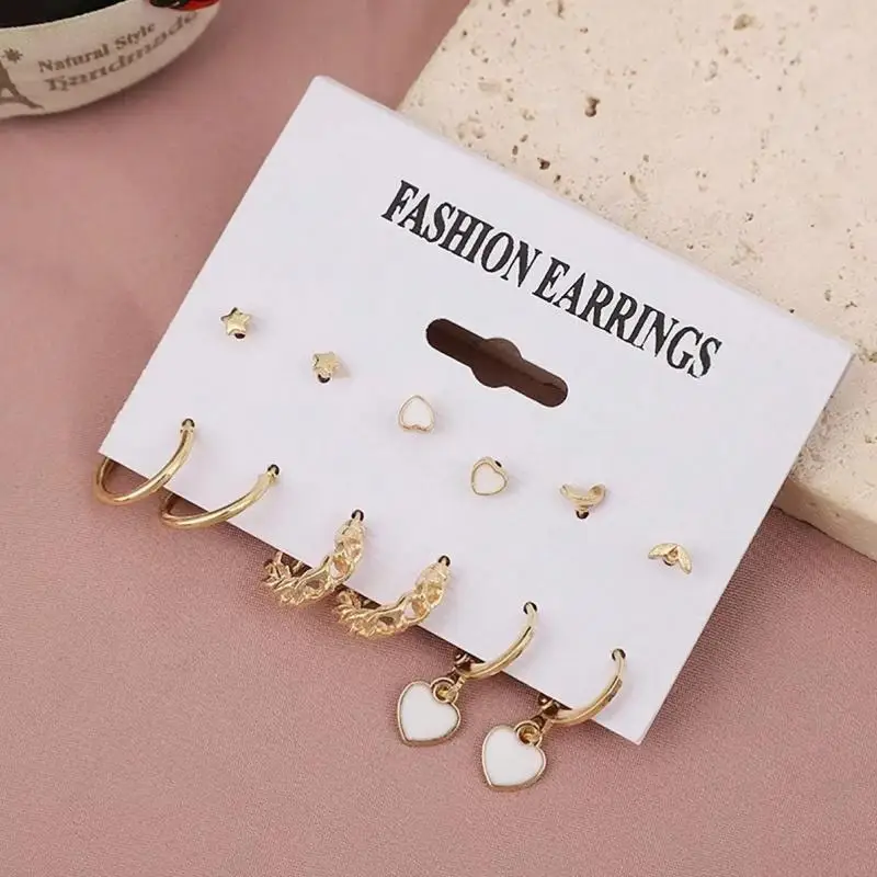 6Pcs Set Korea Trend Oil-dripping Heart-shaped Butterfly Imitation Pearl Hoop Earrings Stud Earrings For Women Cute Jewelry Sets