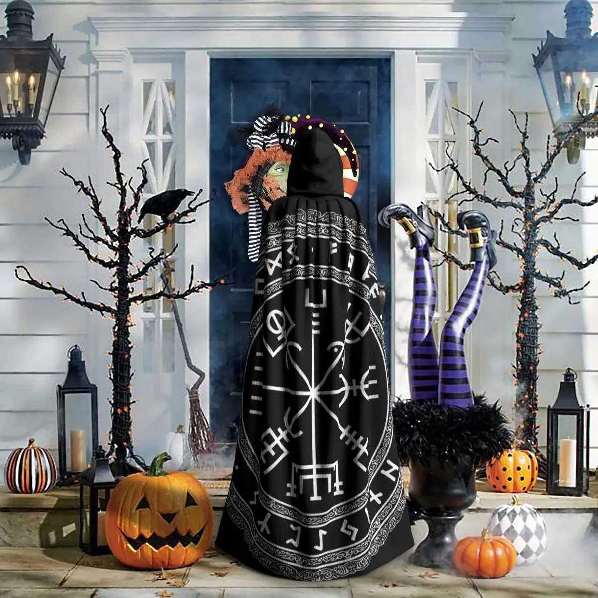 Mantello lungo con cappuccio celtico vichingo nordico norreno Costume medievale da strega Mantello cosplay Cappotto di Halloween Adulto unisex