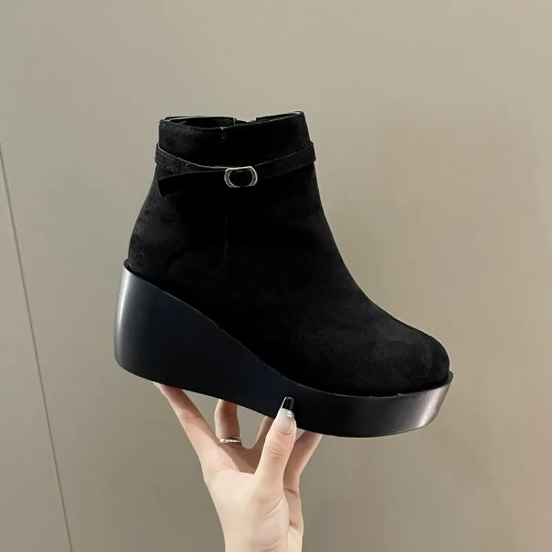 Women Boots Faux Suede Leather Wedge Platform Boots Hidden Heel Shoes High Top Casual Shoes for Woman Ankle Boot Size 36-43