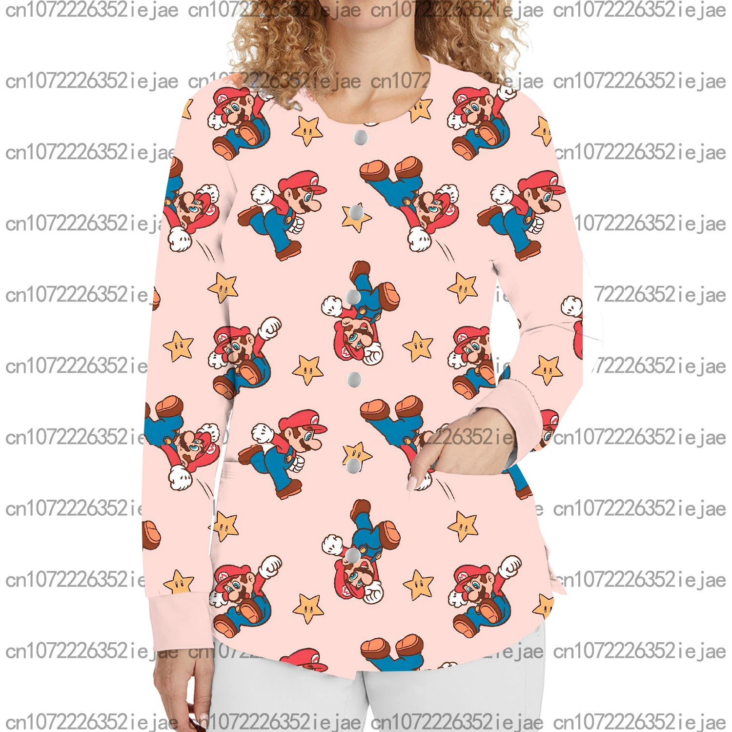 

Cartoon Women Work Uniform Super Mario Print Work Uniform Hospital Medical Dental Pet Shop Women Pocket Button Scrub Jacket