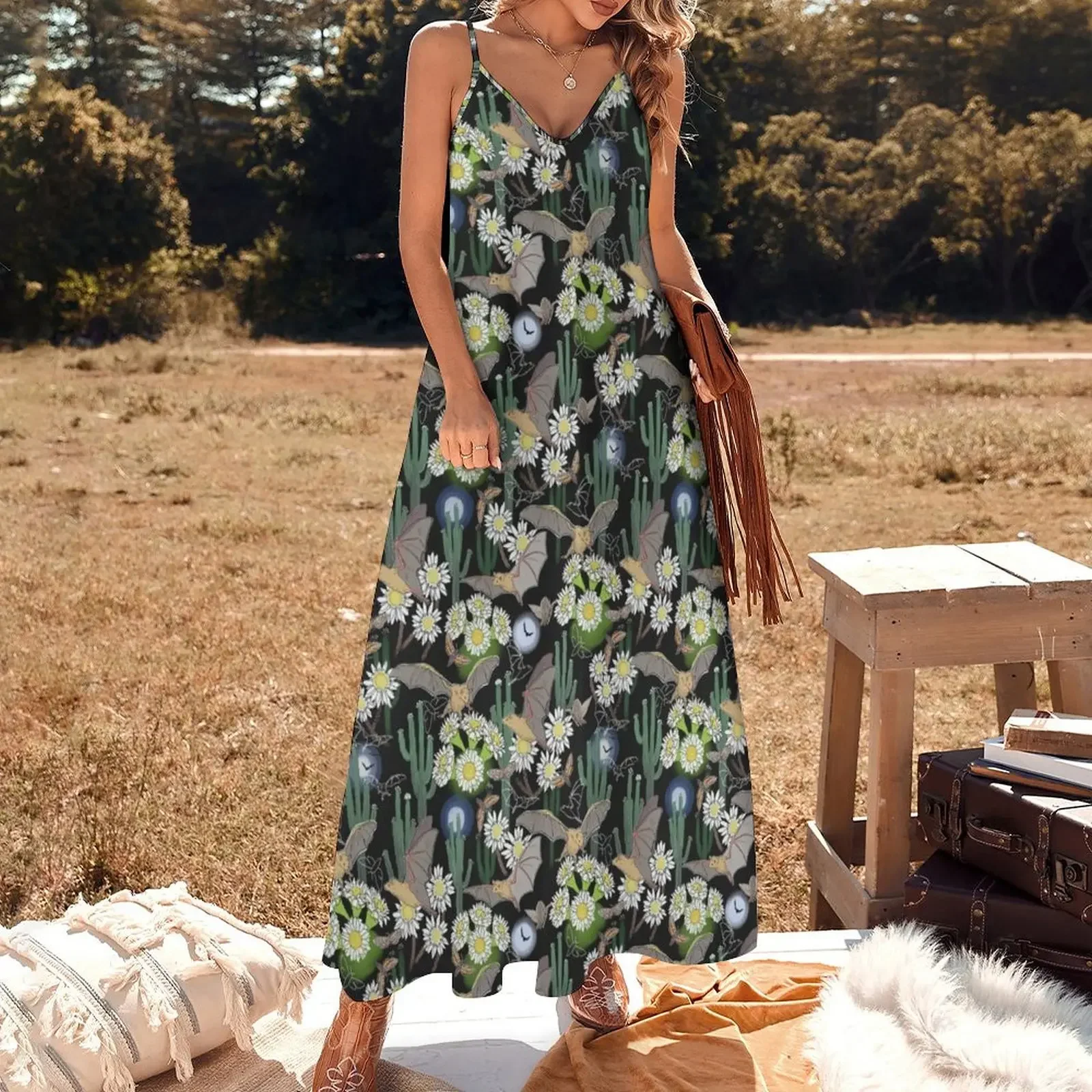 Bats, Moths and Cactus Flowers in Desert Moonlight Sleeveless Dress Clothing female summer clothes Woman's evening dress Dress