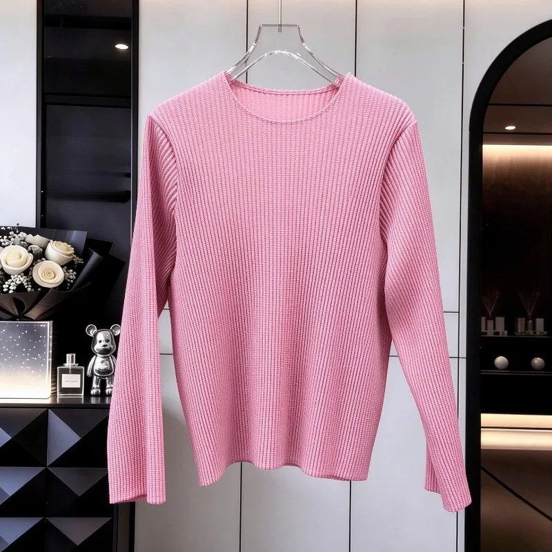 Pleated Bouncy T-Shirt Autumn Winter New Corn Grain Texture Simple Casual Round Neck Solid Color Fashion Women's Base Shirt Top