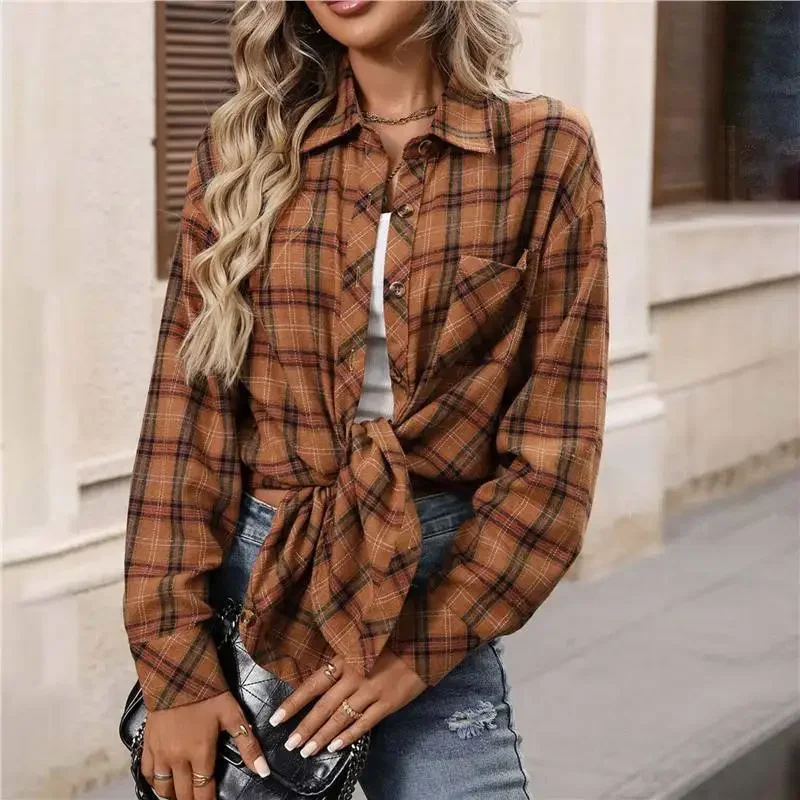 Camicie da donna casual 2025 Autunno Inverno Classico plaid Stampa completa Bottone davanti Camicia a maniche lunghe Colletto superiore Camicette da donna da ufficio