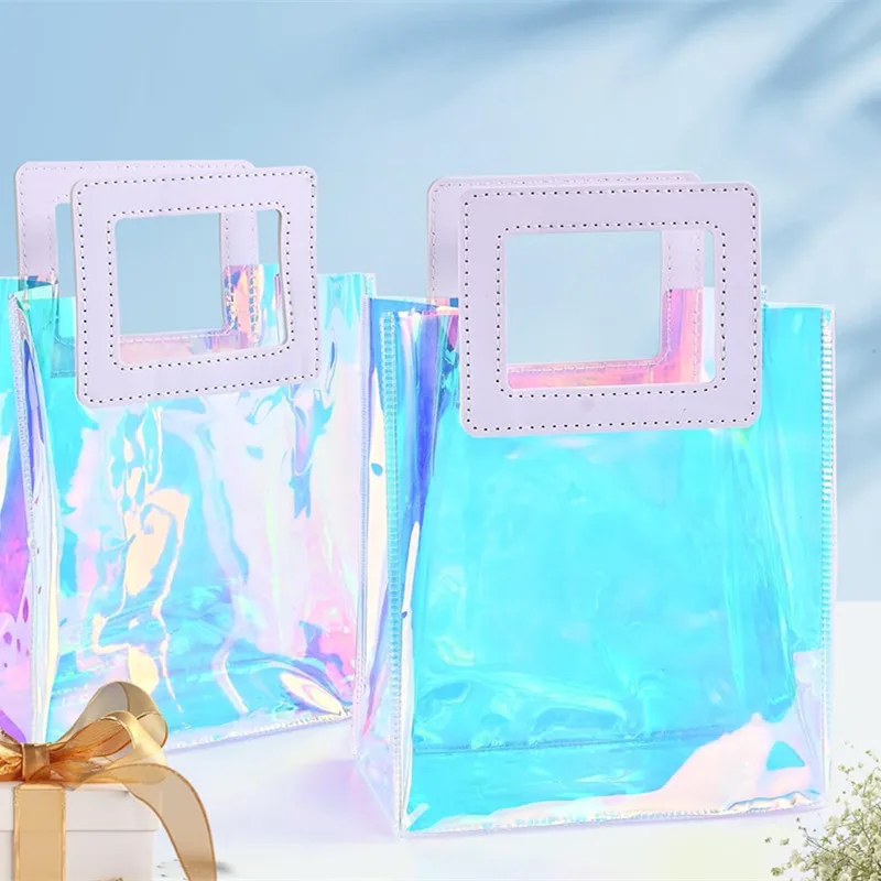 Clear Gift Tote Bag With Handles Large Capacity PVC Handbag Colorful Shopping Shoulder Bags Valentine Wedding Birthday Supplies