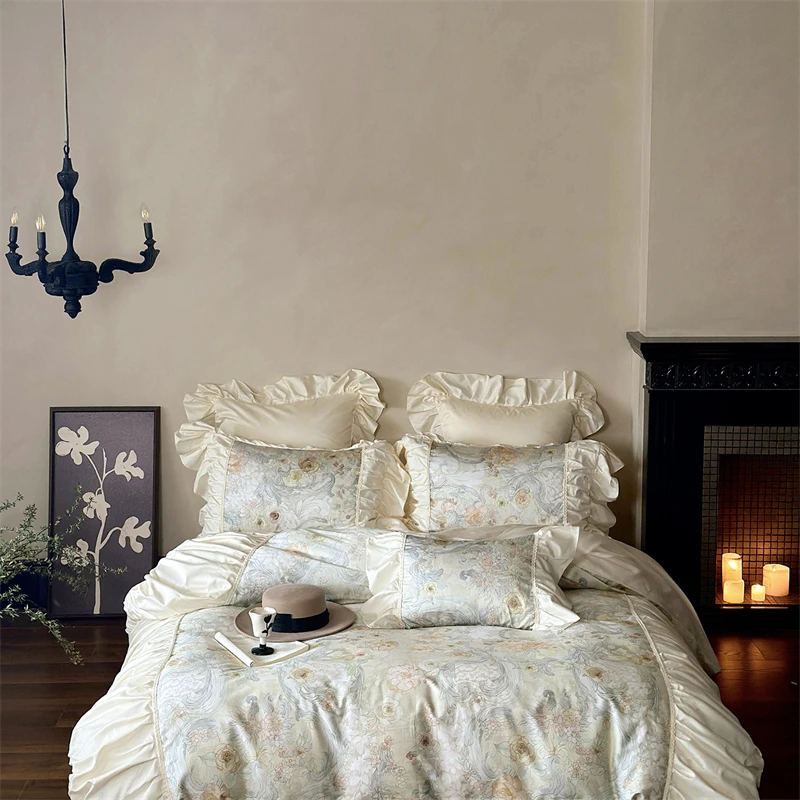 elegant Vintage floral Prints Pleated Ruffles 1000TC Egyptian Cotton Bedding Set Duvet Cover Flat/Fitted Sheet Pillowcases 4Pcs