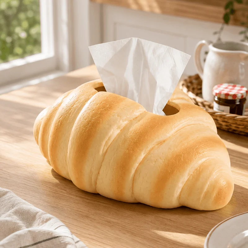 Cute Bread Shape Tissue Box Cover, Croissant Toast Simulation Napkin Holder, Resin Decorative Tissue Box for Home Kitchen