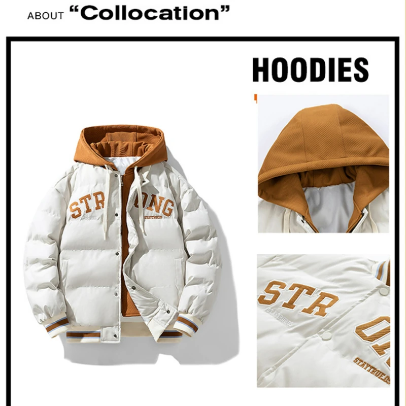 Winter Fake 2 Jacket Men's Harajuku Hip Hop Letter Thick Warm Baseball Hooded Parka Women's 2024 Snow Down Cotton Padded Jacket