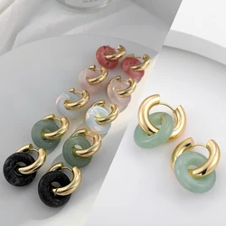 Pendientes de aro de acero inoxidable chapado en oro de 18K para mujer, aretes colgantes de círculo de piedras de cristal redondas Vintage, Huggies, regalo