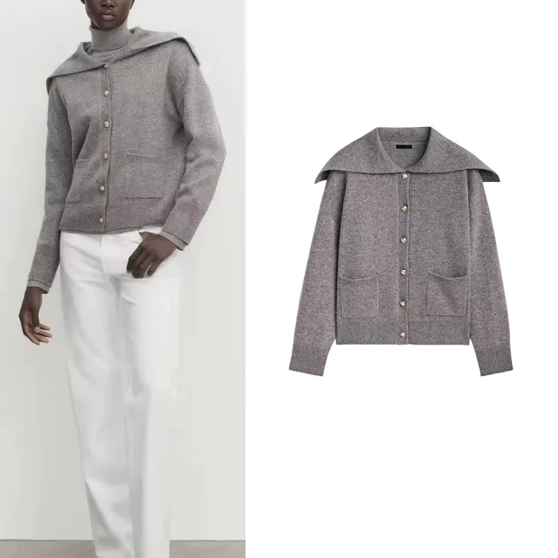 

Женский вязаный свитер MD, новинка 2024, повседневный морской воротник с открытым передом, верхняя одежда из полиэфирного волокна Long Sve