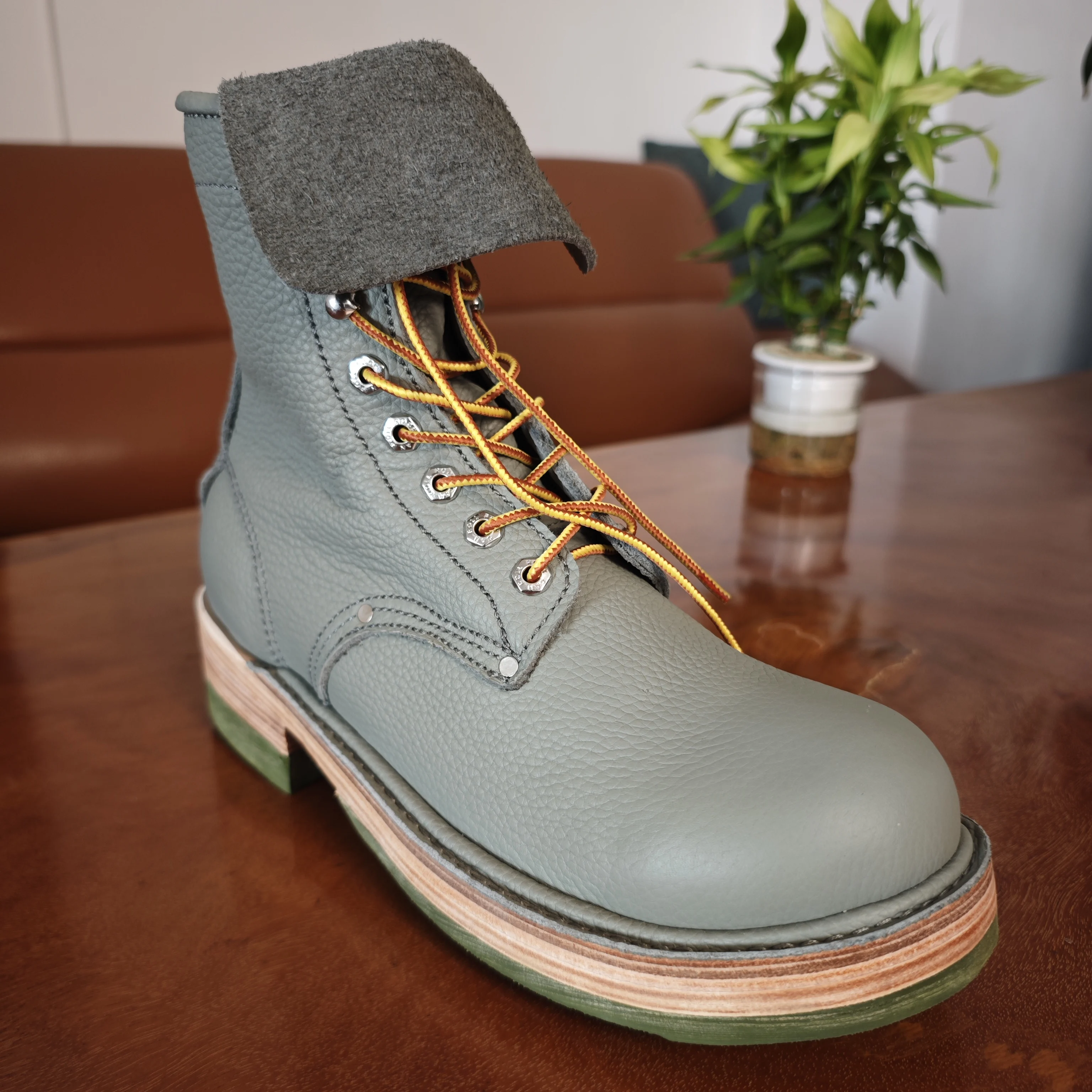 AP803 Men's Vintage Suede Leather Work Boots Fold Over Top Goodyear Welted Thick Sole Casual Retro Lace Up Ankle Boots