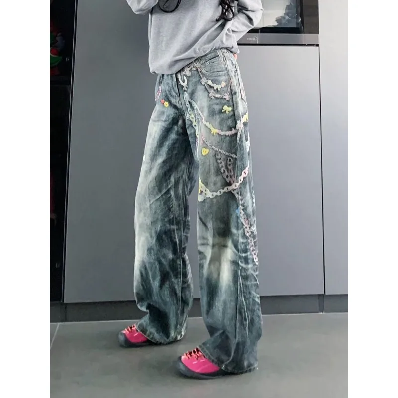 

Американская мода, большие размеры, тяжелый дизайн, джинсовые брюки с цепочкой и принтом, мужские и женские брюки в пол в стиле панк, ретро, женская одежда