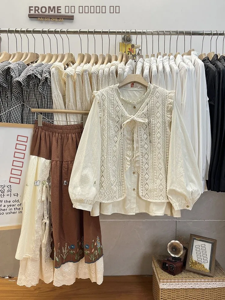 เสื้อกั๊กผูกเชือกสไตล์ญี่ปุ่น แต่งลูกไม้ ดีไซน์หวาน ไซส์เล็ก ช่วยพรางหุ่น เสื้อคลุมแฟชั่นผู้หญิง สำหรับฤดูใบไม้ผลิ