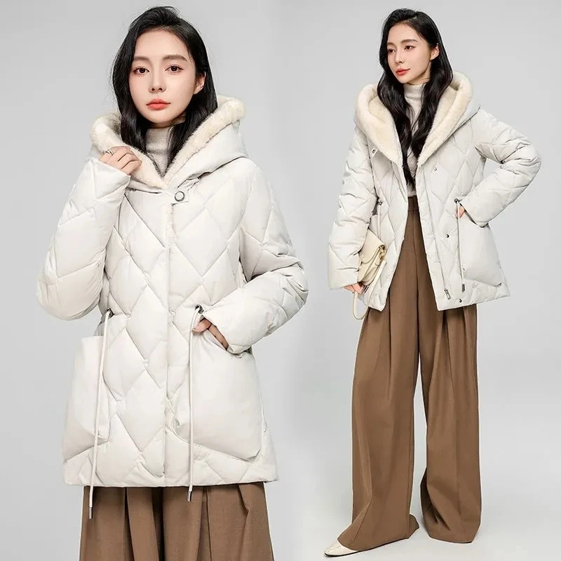 Plus Piumini invernali spessi e caldi in velluto Nuovo cappotto Parka da donna Tasche grandi Vita Trther Giacche imbottite in cotone con cappuccio Tendenza