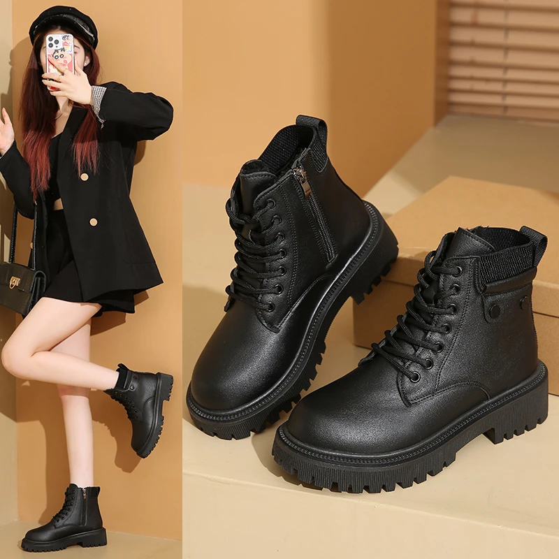 2025 Winter Warm Thicken Plush Ankle Boots Women Fashion Lace Up Platform Combat Boots  Comfort Zipper Pu Leather Short Booties
