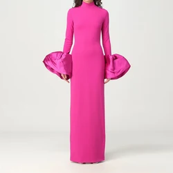 Fuchsia  Jersey High Neckline Formal Evening Dress Woman Long Sleeves Special Occasion Gowns Floor Length Back Slit Prom Dress