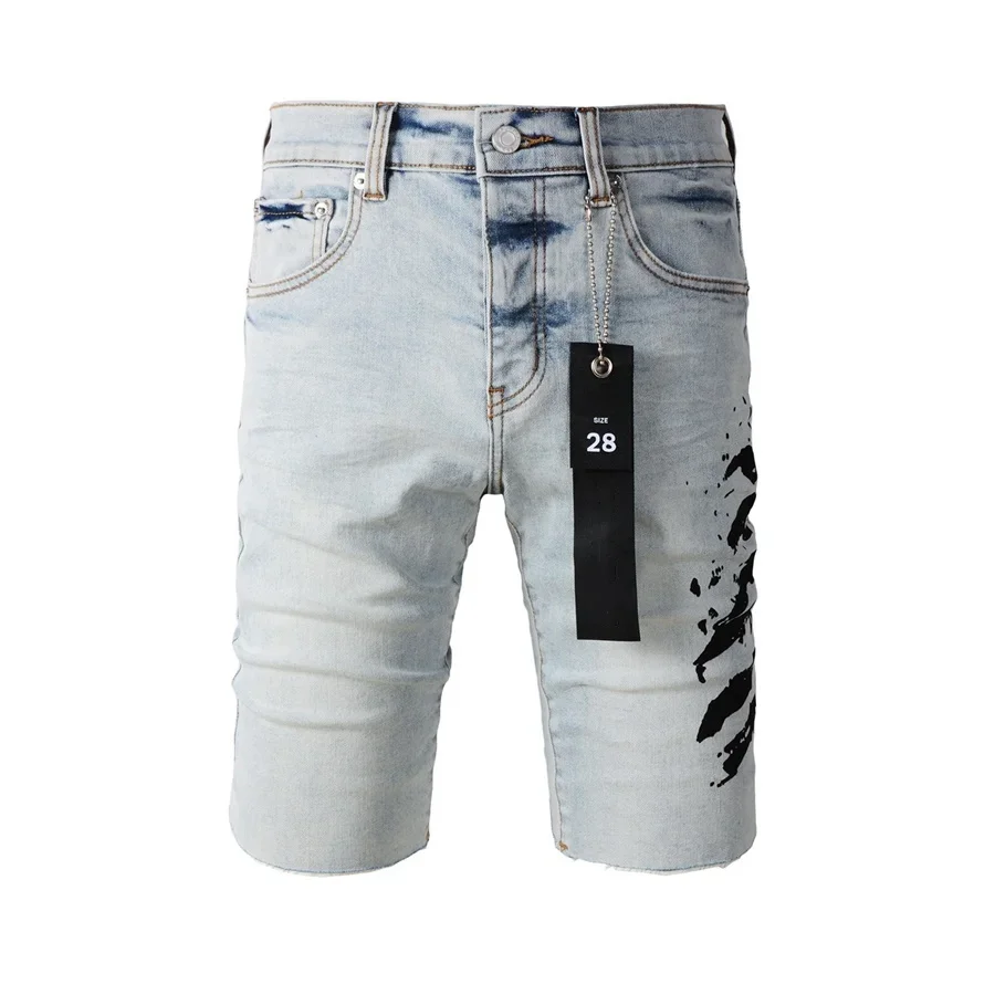 Top quality New Purples Jeans Men Trendy Elastic Edged Middle Pants Irregular Blue Color Washed Denim Shorts brand  pants