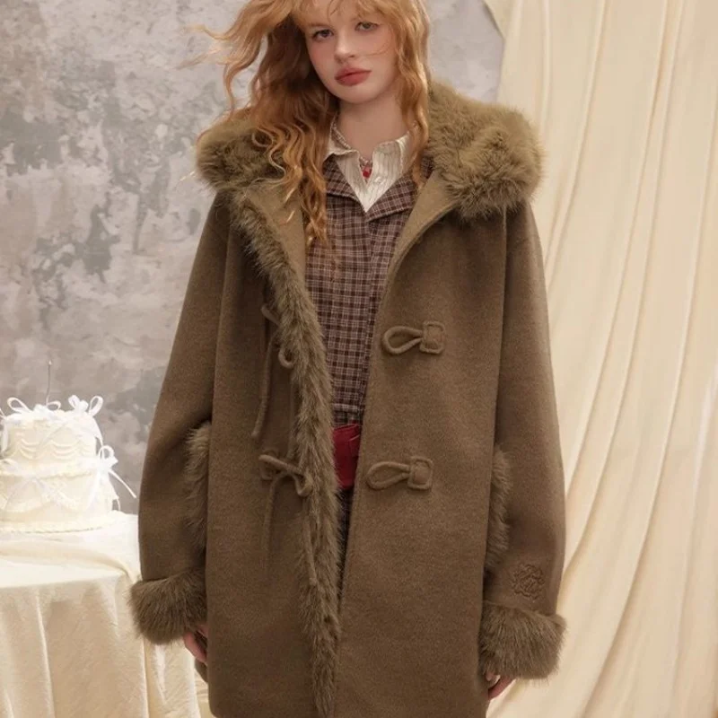 College Style Hooded Coat For Women, Retro And Fashionable, With Plush Edges And Bow Ties, Woolen Coat