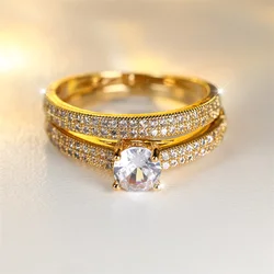 White Zircon Engagement Ring Sets Luxury Crystal Round Stone Double Rings For Women Vintage Gold Color Wedding Band Boho Jewelry