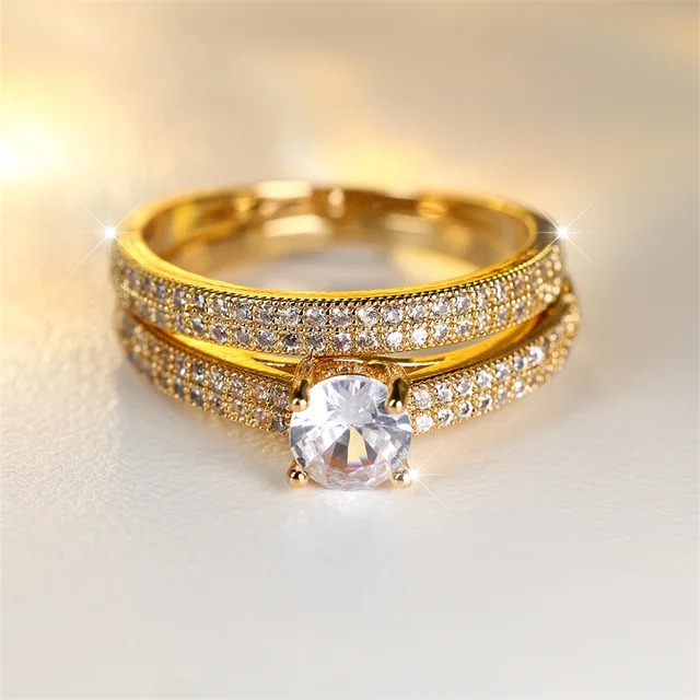Zestawy pierścionków zaręczynowych z białą cyrkonią Luksusowe kryształowe okrągłe kamienne podwójne pierścionki dla kobiet Vintage Gold Color Wedding Band Boho Jewelry