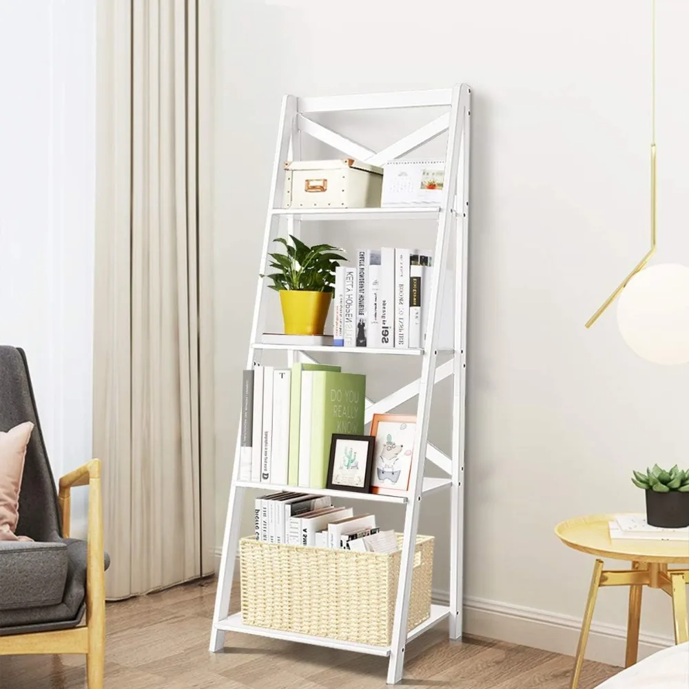 Shelf Bookcase Leaning Free Standing Wooden Frame Decor Bookshelf Storage Flower Shelf Plant Display Bookcases for Home Office