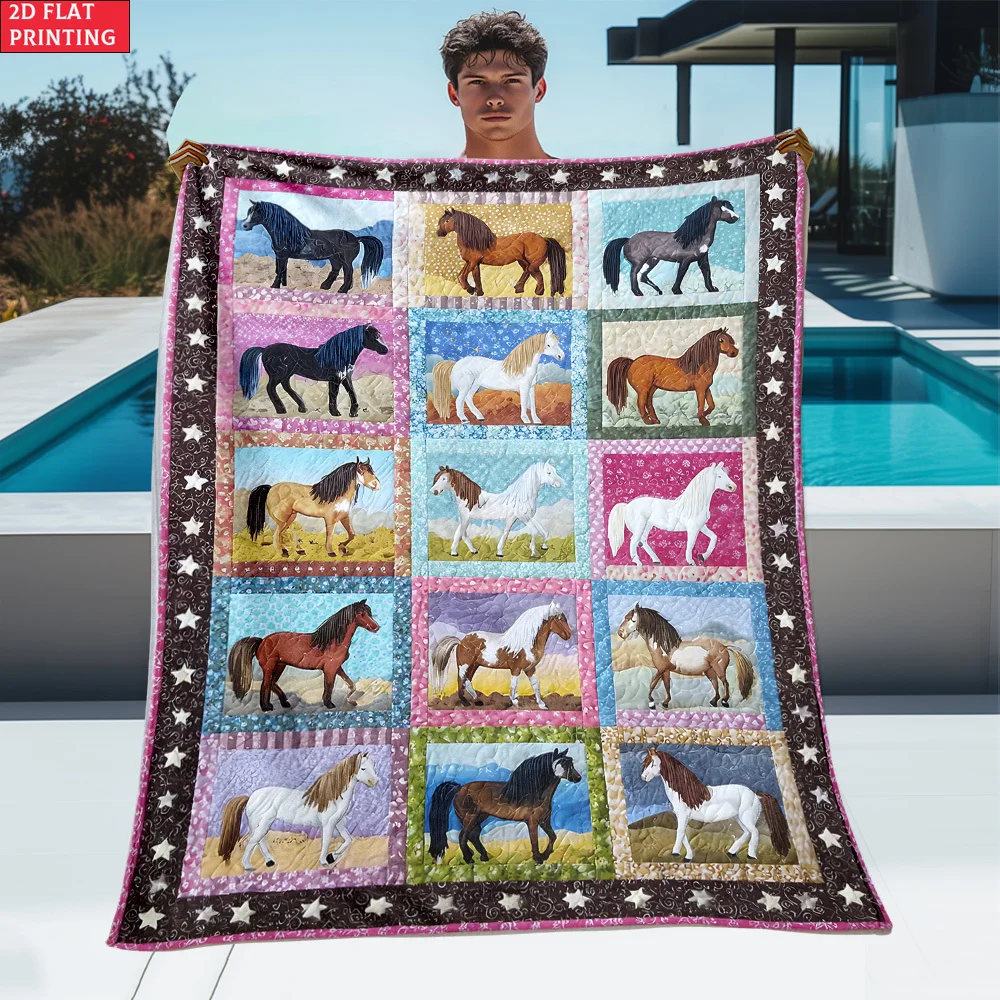 Multi Color Horse Grid Patch Star Border Print Flannel Throw Blanket,Soft Warm Sofa Cover Animal Gift For Bedroom Daily Rest Use