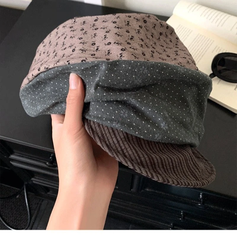 Koreanischer Stil Patchwork Blumenmuster Baskenmütze Herbst Literarisch Retro Große Ausführung Weiche Krempe Modische Achteckige Newsboy-Kappen für Damen – Detail 4