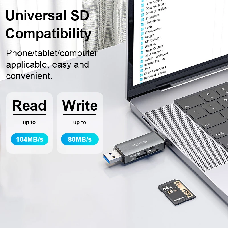 RSHTECH-Lector de tarjetas de 5Gbps, transferencia de datos, USB C y USB3.0 a SD, MicroSD, TF, adaptador de tarjeta SD, Accesorios para ordenador portátil