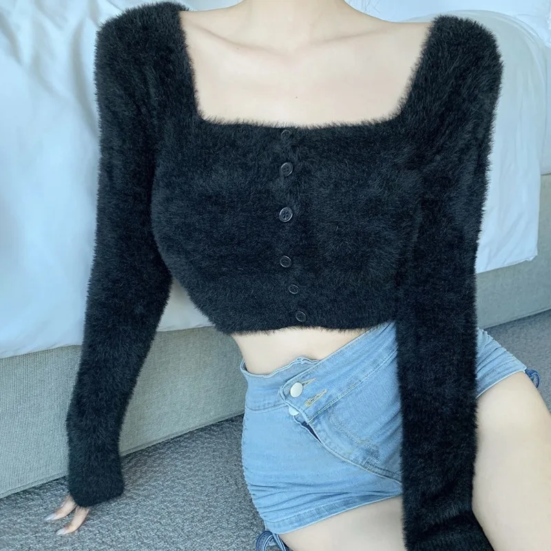 Women's Square Neck Plush Long-Sleeved Cardigan Slim Navel Exposed Single-Breasted Short Tops