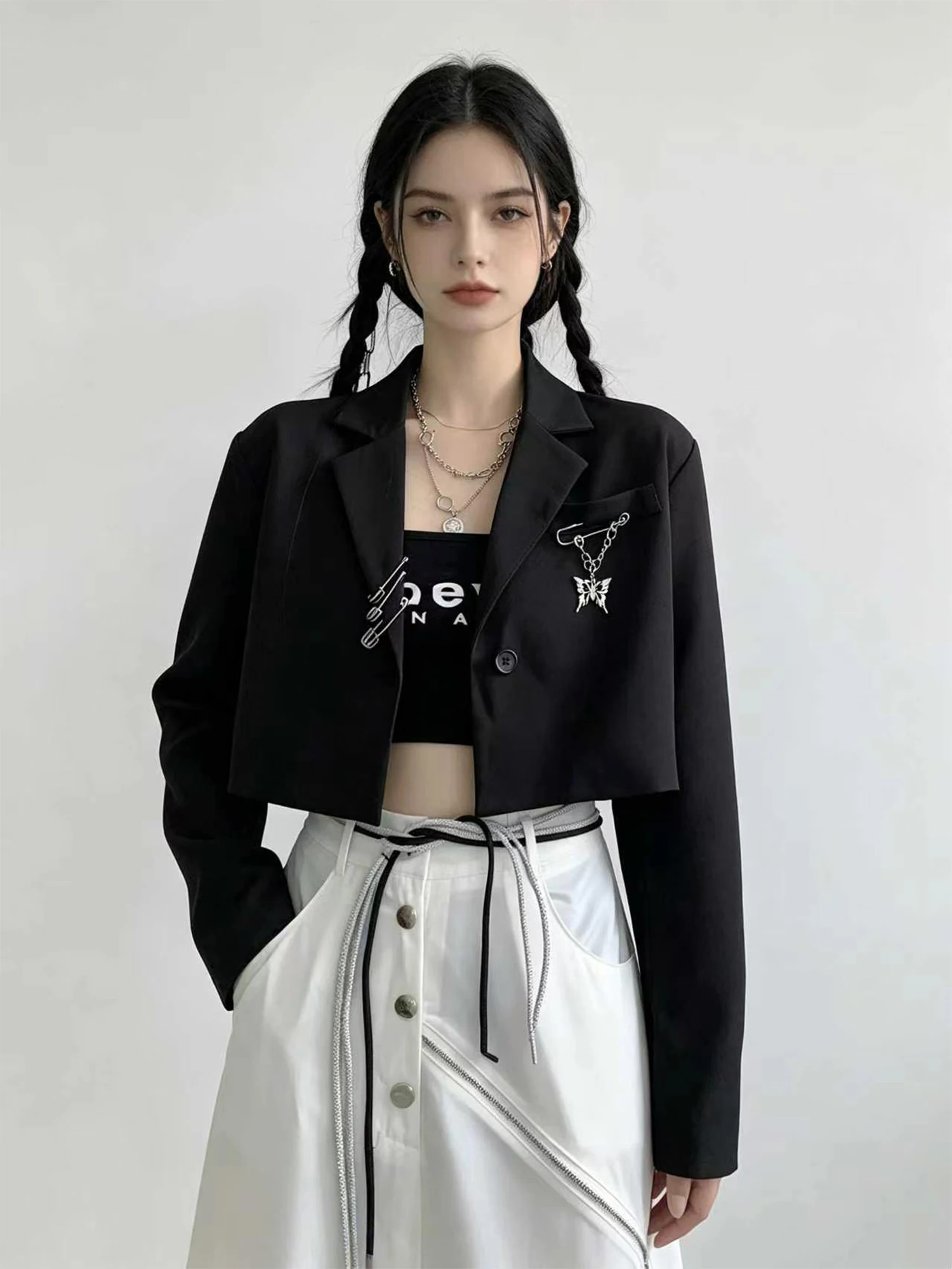 Women's Black Gothic Dark style Emo Blazer Jacket Y2k Gyaru Vintage Long Sleeve Cropped Suit Coat Outerwear Spring Autumn 2026