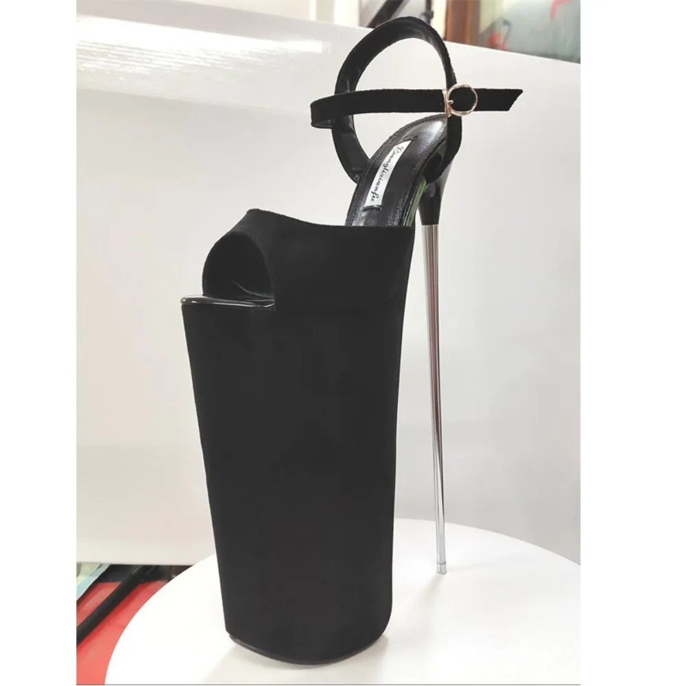 New Super High Thin Heels 30 Cm Steel Heels Large Size Women\'s Sandals Suede Black Buckle Sky-high Sexy Shoes platform sandals