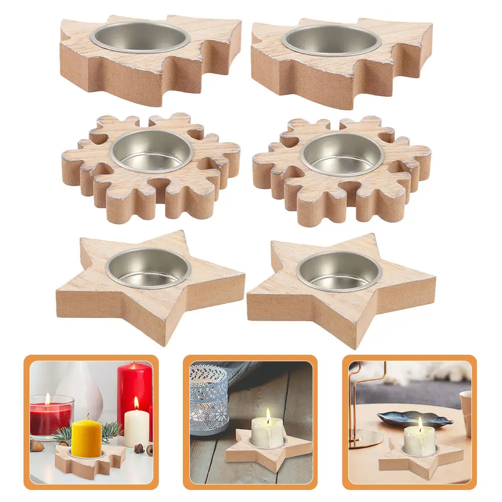 Juego de 6 Portavelas de Madera con Forma de Estrella, Creativos, para Decoración de Mesa de Navidad, Fiestas en Casa y Festivales