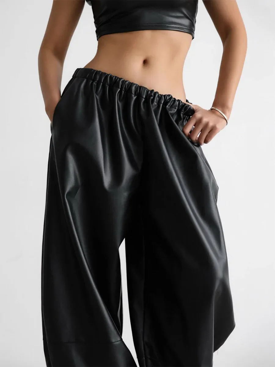 المرأة الجديدة الخريف الشتاء بولي بنطال بنطال جلدي الرباط الكاحل مكبل فانوس فضفاض RetroTrousers