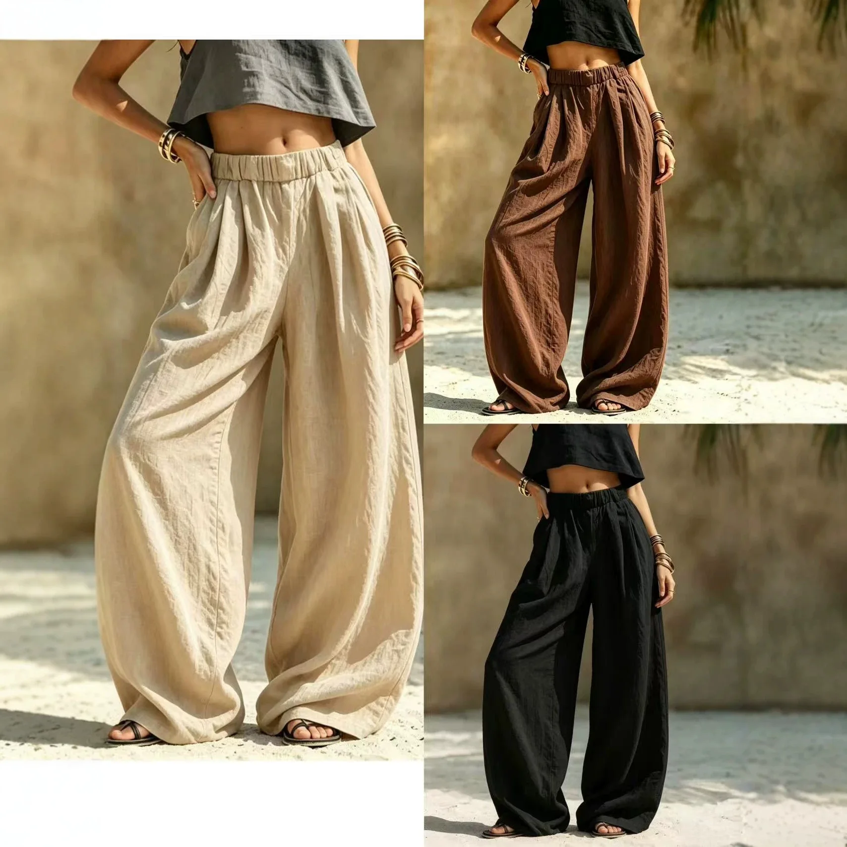 Women's Casual Wide Leg Pants - All Season Comfort Pockets Elastic Waist Loose Fit Solid Color Pants Suitable for Outdoor and Le