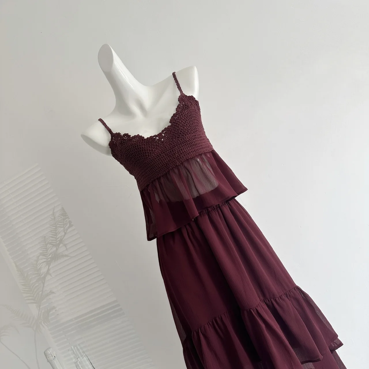Vintage Purple Crochet Lace Camisole Tiered Chiffon Maxi Skirt Set 2-piece Ruffled Semi-sheer Dress For Women Beach Vacation Wea