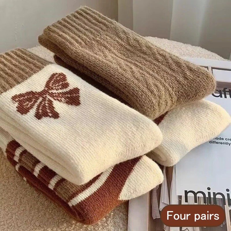 أزواج جديدة من الجوارب النسائية المحبوكة الشتوية العصرية السميكة والمريحة ذات الفم المستدير - طراز قديم مع تفاصيل فيونكة #1