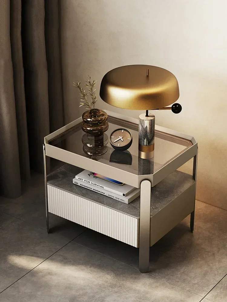 Italian Minimalist Stone Plate Bedside Table High-Grade Glass Table Modern Simple and Light Luxury Bedroom Induction Lamp