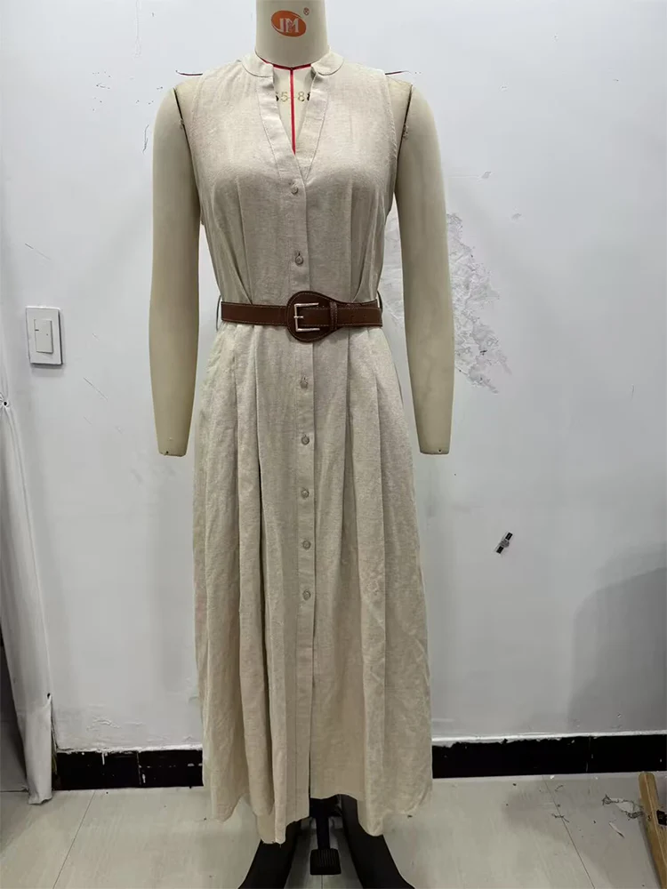 2025 المرأة الصيف قمصان ميدي فستان خمر الصلبة س الرقبة حزام الكتان واحدة الصدر الإناث أنيقة الشارع فساتين الملابس #3