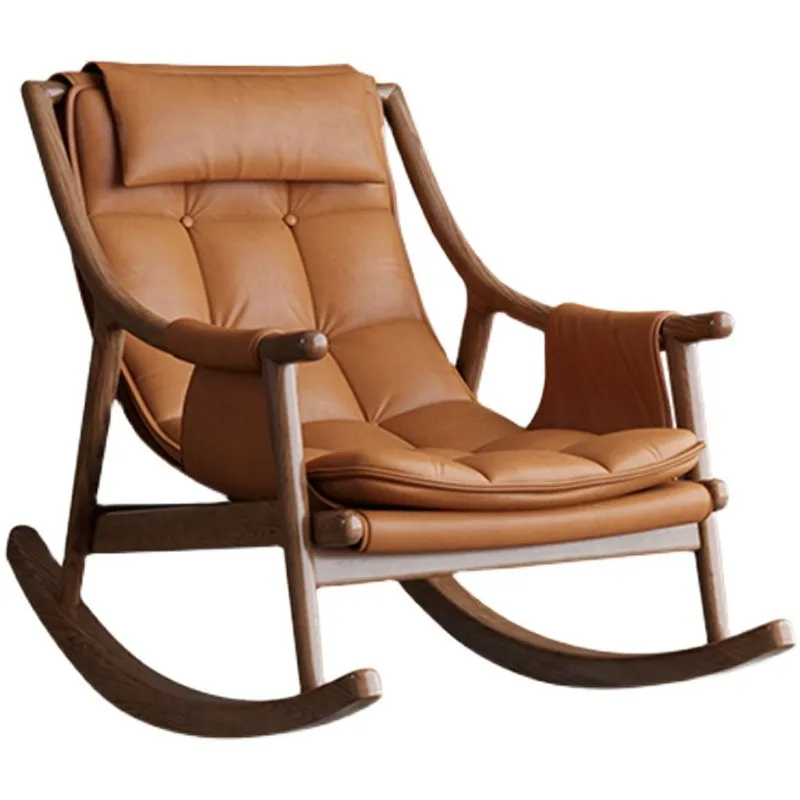 

American solid wood leather rocking chair, living room lazy leisure chair sofa