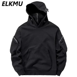 Streetwear Hoodies Harajuku Y2K Hip Hop Sweatshirts High Neck Mask Windproof Pullovers Dark Black Techwear Cargo Tops