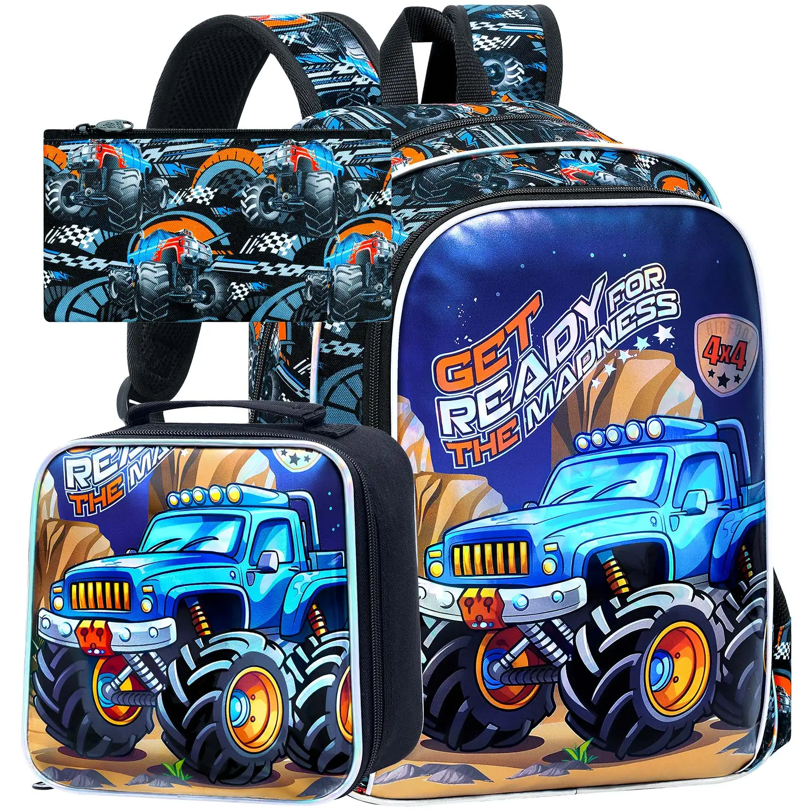 

3PCS Blue truck Backpack for Boys, 16" little Kids Preschool School Bookbag and Lunch Box