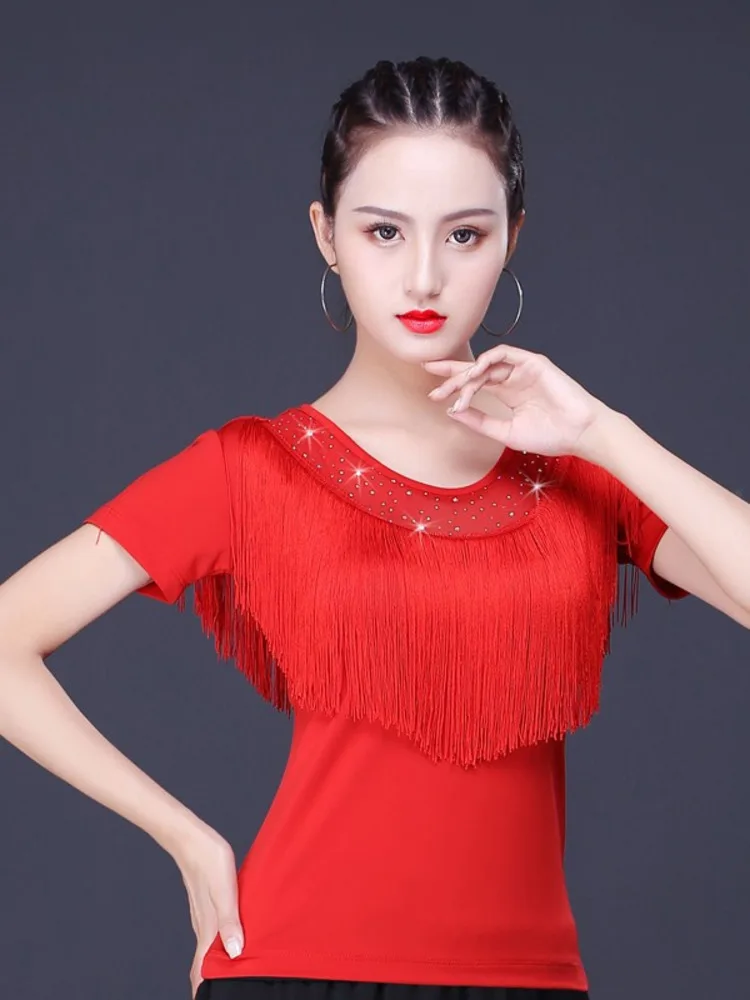 2024 Summer Women Latin Dance Tops Fashion Sexy Lace Neck Fringe Design Tassel Latin Dancing Clothing Tango Chacha Dancing