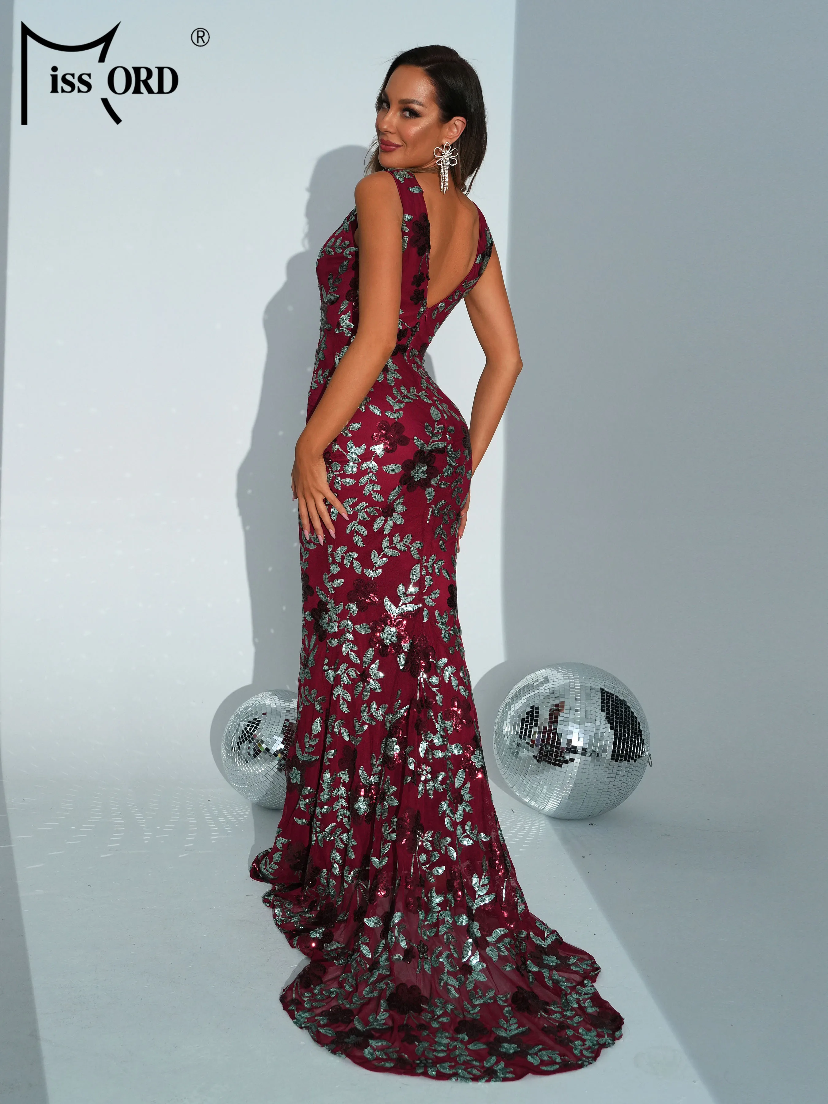 Missord New Floral Mermaid Evening Dress Burgundy Apricot Wedding Birthday Prom Party Vestidos