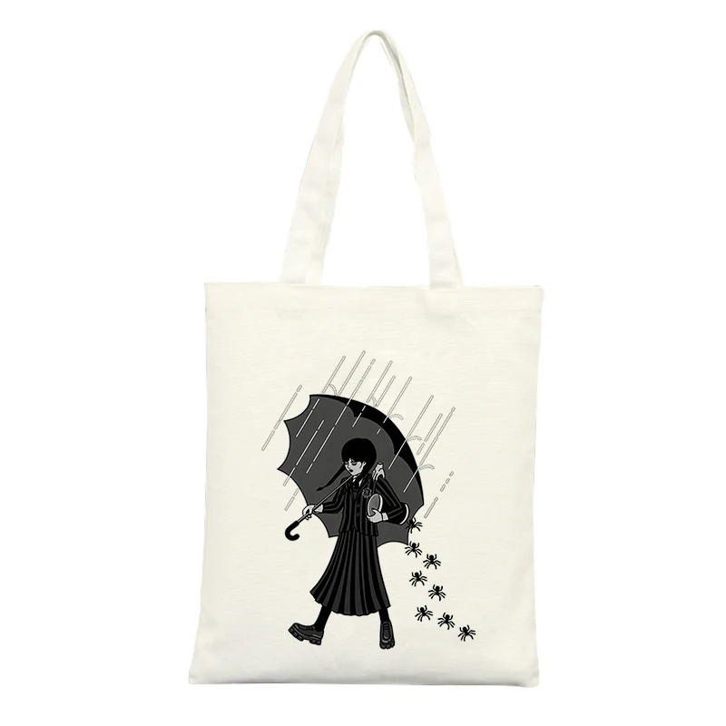 Canvas Tote Bag with Dark-haired Girl and Spider Graphic, Ideal for Casual Daily Use and Urban Outings