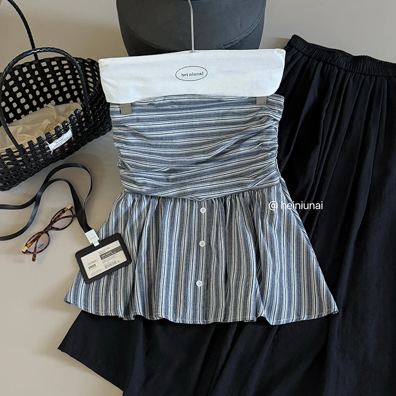 

Wedbleser Personalized Temperament Spicy Girl Striped Pile Strapless 2025 Summer New Korean Women Slim Fit Sexy Vest Top
