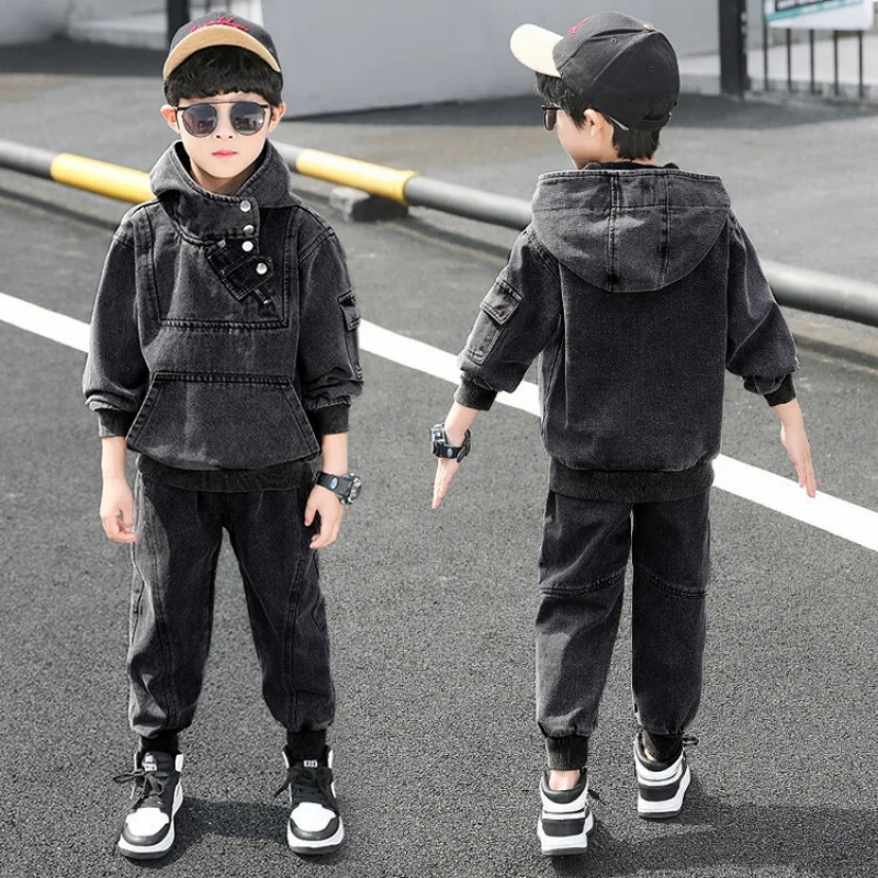 Kids Boys Fashion Denim Jackets+Pants 2Pcs Spring Autumn Children Clothes Sets Streetwear Cool Boys Hooded Jean Coat Suits 2-8ys