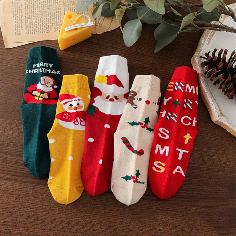 5 Pair Fashion Design Cotton Children Christmas Socks Elk Santa Claus Cartoon Hosiery Korean Style Snowman Mid-Tube Socks Girls