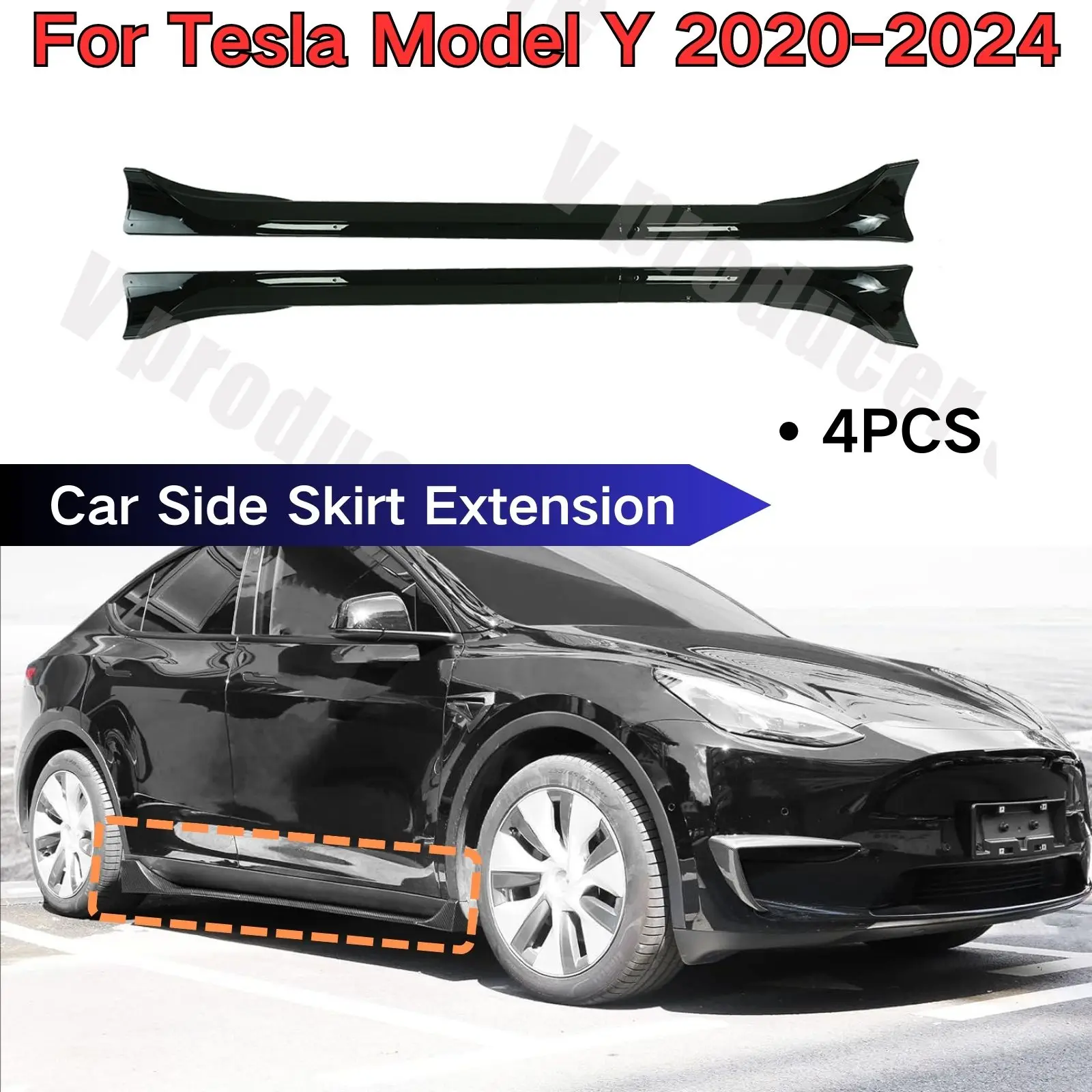 Car Side Skirt Extension For Tesla Model Y 2020 2021 2022-2024 Accessories Body Kit ABS Glossy Black Carbon Fiber Print 4PCS