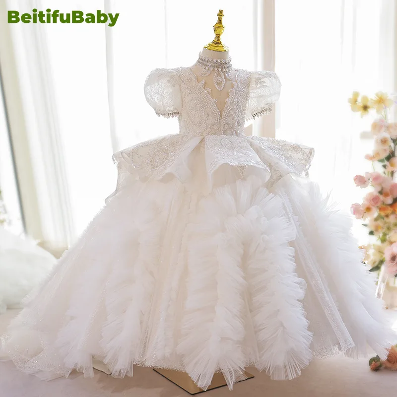 BeitifuBaby Flower Girl Dresses Wedding Party Princess Style Pearl Sequins Short-sleeved Tiered Ball Gown Vestidos Para Niñas