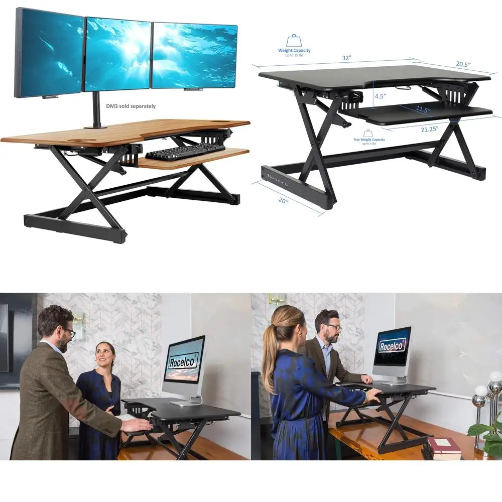 Height Adjustable Standing Desk Converter for Triple Monitor Setup - Ergonomic Sit-Stand Riser with Gas Spring Technology
