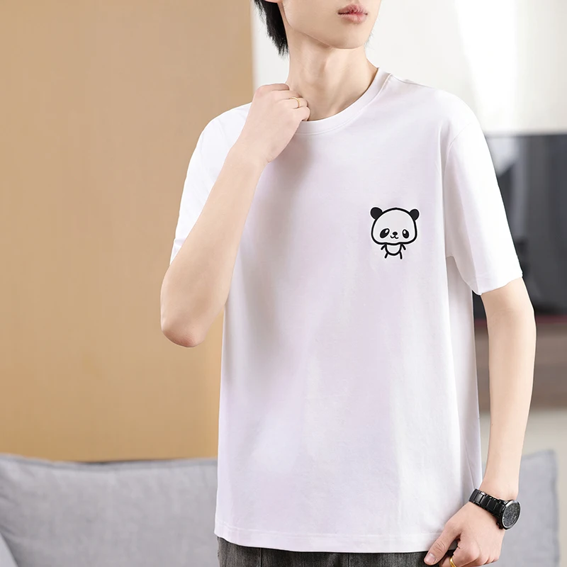 100% Liquid Nitrogen Mercerized Cotton T-Shirt Cartoon Panda Print Soft Breathable Casual Men Teens Round Neck Short Sleeved Top